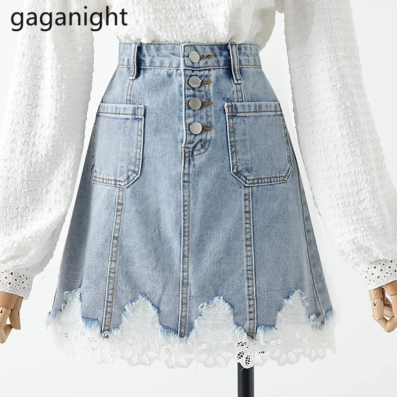 

Gaganight Lace Jeans Fashion Women Skirt High Waist Plus Size Faldas A Line Lady Elegant Lady Mini Short Skirts All Match 2021