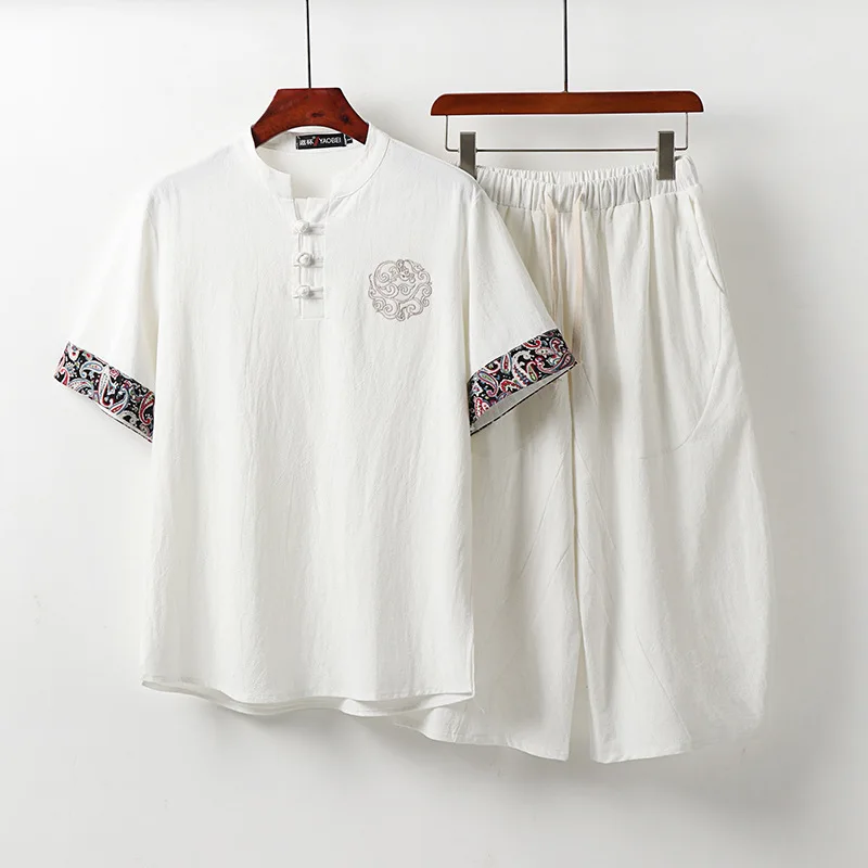 

New Large Size Half-sleeved Cotton Linen Suit Men's Summer Chinese Style Short-sleeved Loose Oversized T Shirt Two-piece Men