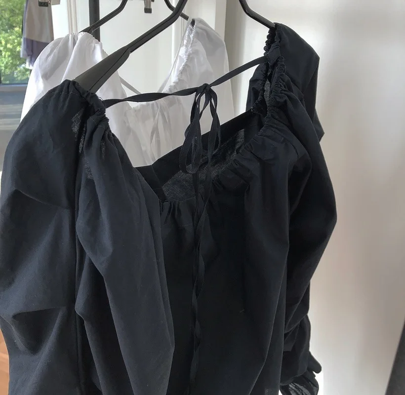 

Women's Summer Fashion New Solid Color Street Style Square Neckline Shoulder Cotton T-shirt Women Loose Casual Puff Sleeve Top