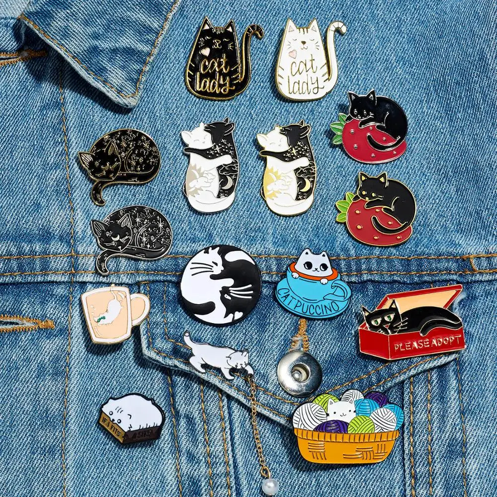 Rinhoo Инь Янь булавки черная белая фотография кошка клубника эмалевые булавки мультяшный милый кот для объятий коробка чашка кошка животное брошь