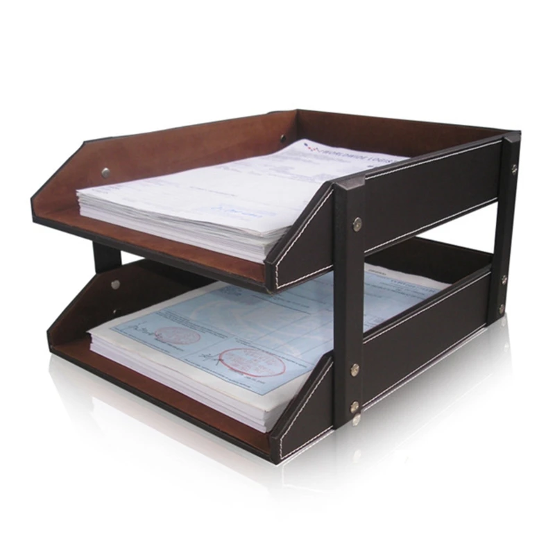 

A4 Document File Organizer Tray Double Layers Desk PU Leather Paper Holder Rack