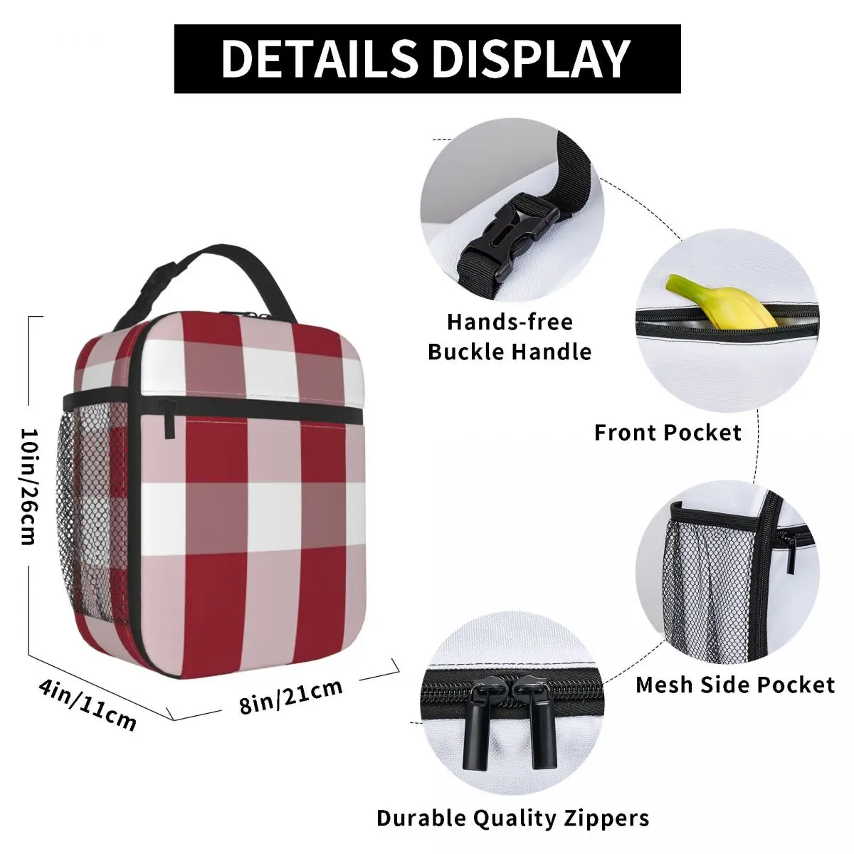 

Red Pink Plaid Lunch Bag for Women Men Large Insulated Lunch Box with Water Bottle Holder and Pockets