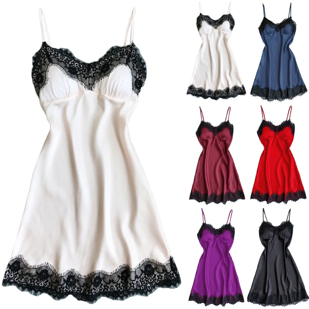 

Ladies V-neck Sling Nightdress Lace Edge Summer Casual Loose Set