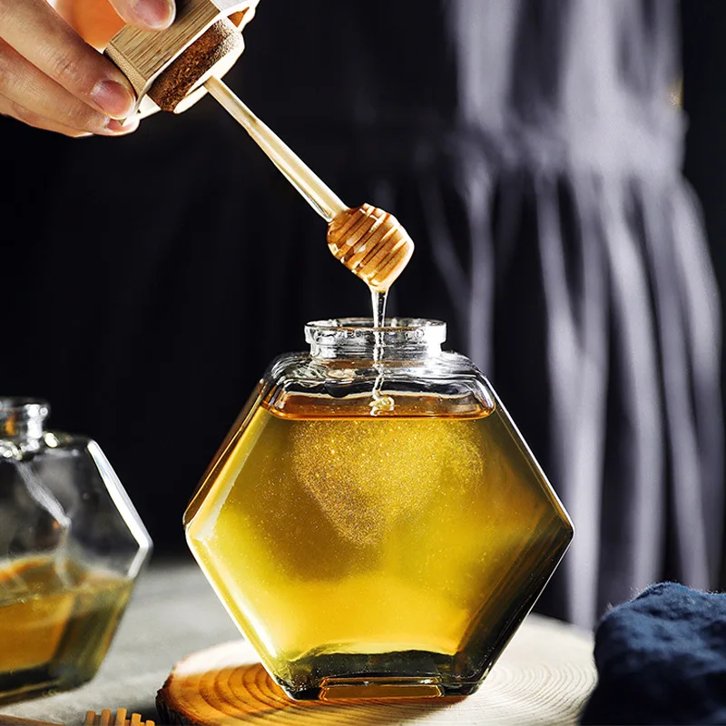 

Six Angle honey jar high grade flat square glass bottle sealed jar wooden lid stirring stick spot transparent honey bottle