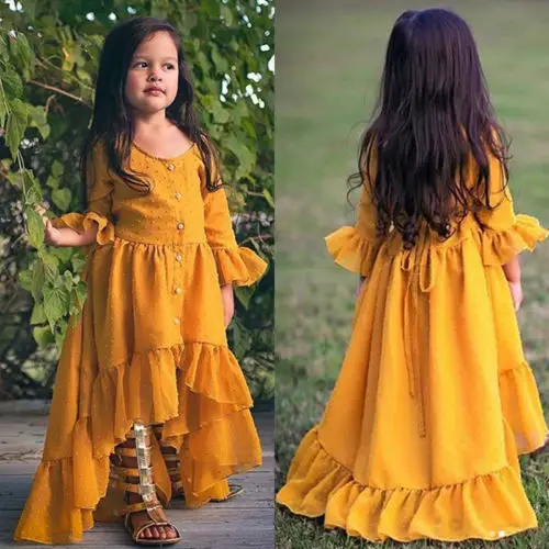2021 Brand New Princess Fashion Toddler Baby Girls Boho Party Dress Long Flare Sleeve Ruffles Asymmetrical Yellow 1-5Y | Детская одежда