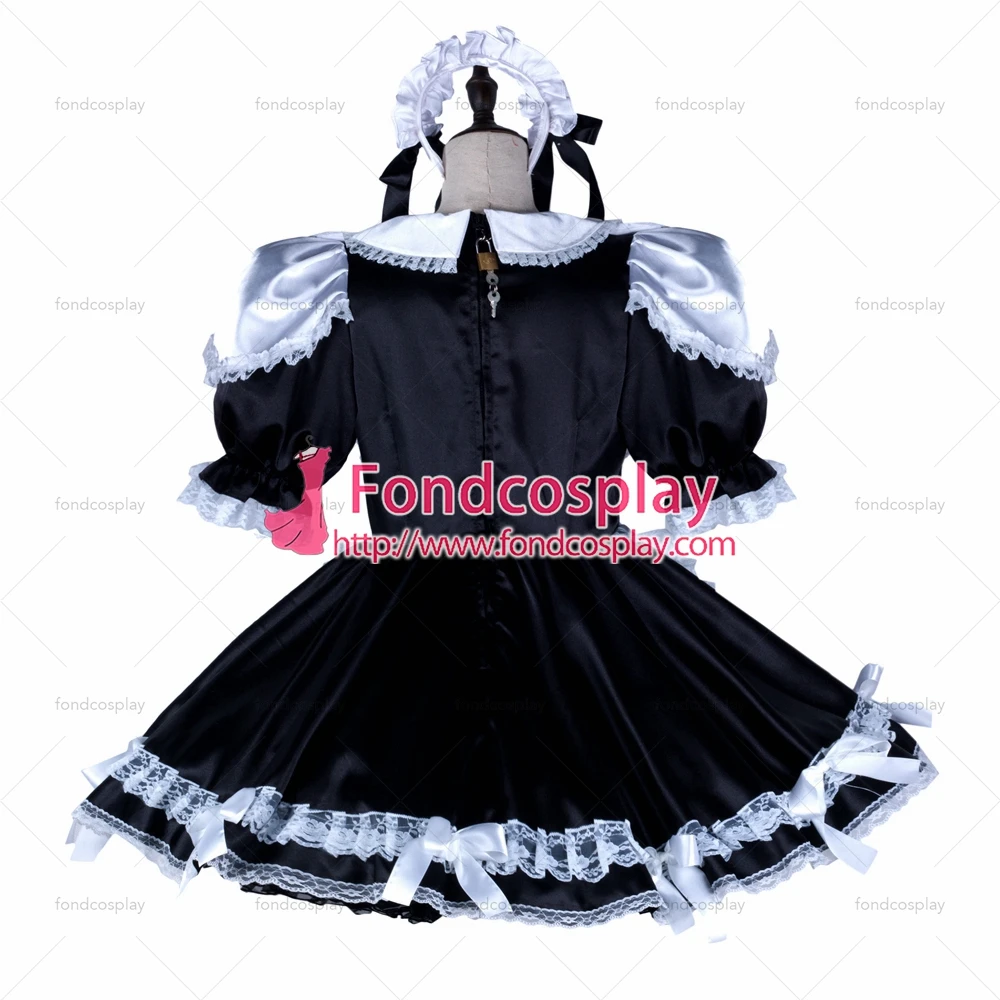 fondcosplay adult sexy cross dressing sissy maid short black white satin dress lockable Uniform costume Tailor-made[G2350] |
