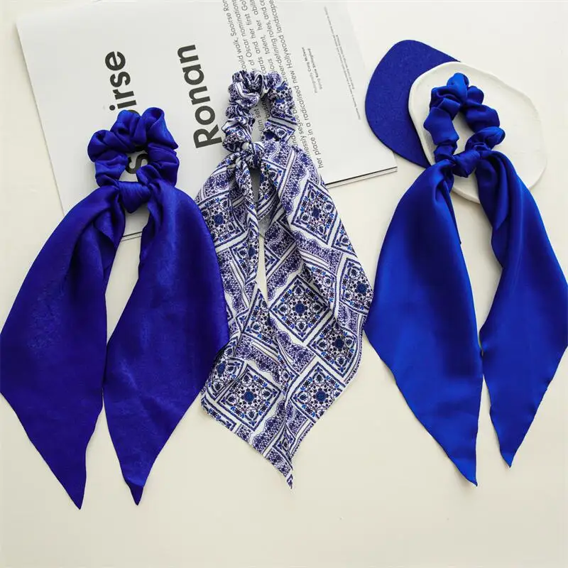 

Fashion Blue Color Bow Satin Plaid Long Ribbon Ponytail Scarf Hair Tie Scrunchies Women Girls Elastic Hair Bands Hair Accessorie