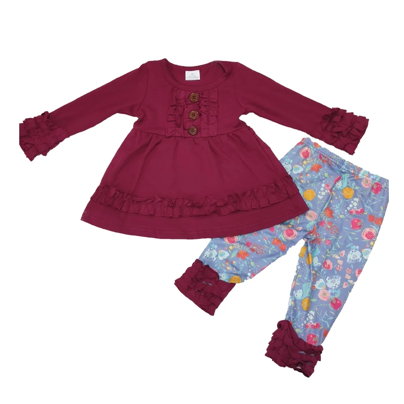 

latest fashion style girl icing ruffle top and pants set girls Fuchsia outfit with cute print