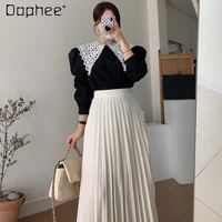 korean chic black hollow crocheted puff sleeve peter pan collar shirt elegant solid high waist slim draping pleated long skirt