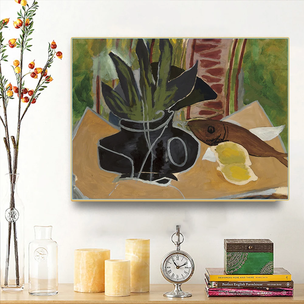Цитон Холст Картина маслом Жорж Braque 《 натюрморт ваза и рыба Artwork художественное