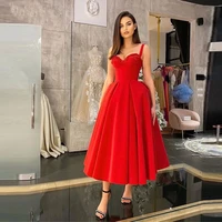 red tea length prom dresses 2021 sweetheart lace appliques sleeveless backless satin short party evening gown for girls
