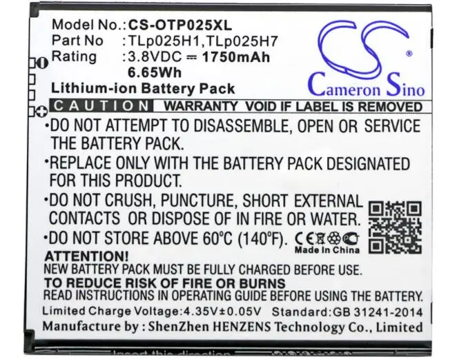 

cameron sino 1750mah battery for ALCATEL One Touch POP 4 LTE OT-5051 OT-5051X TLp025H1 TLp025H7 Mobile, SmartPhone Battery