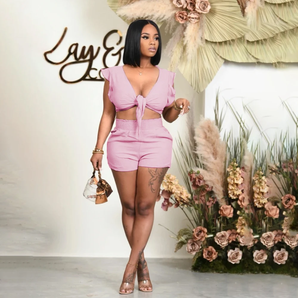 

2021 Women's Fashion Autumn New Nifty Flying Sleeve Sexy Pleated Beach Wind Bikini Tunic Comfortable Elastic Waist Shorts Set