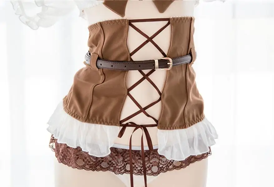 

Vintage European Style Sexy Ultrashort Tops Bow Bandage Corset Underwear Set Women Kawaii Maid Brown Lace Sexy Lingerie Set