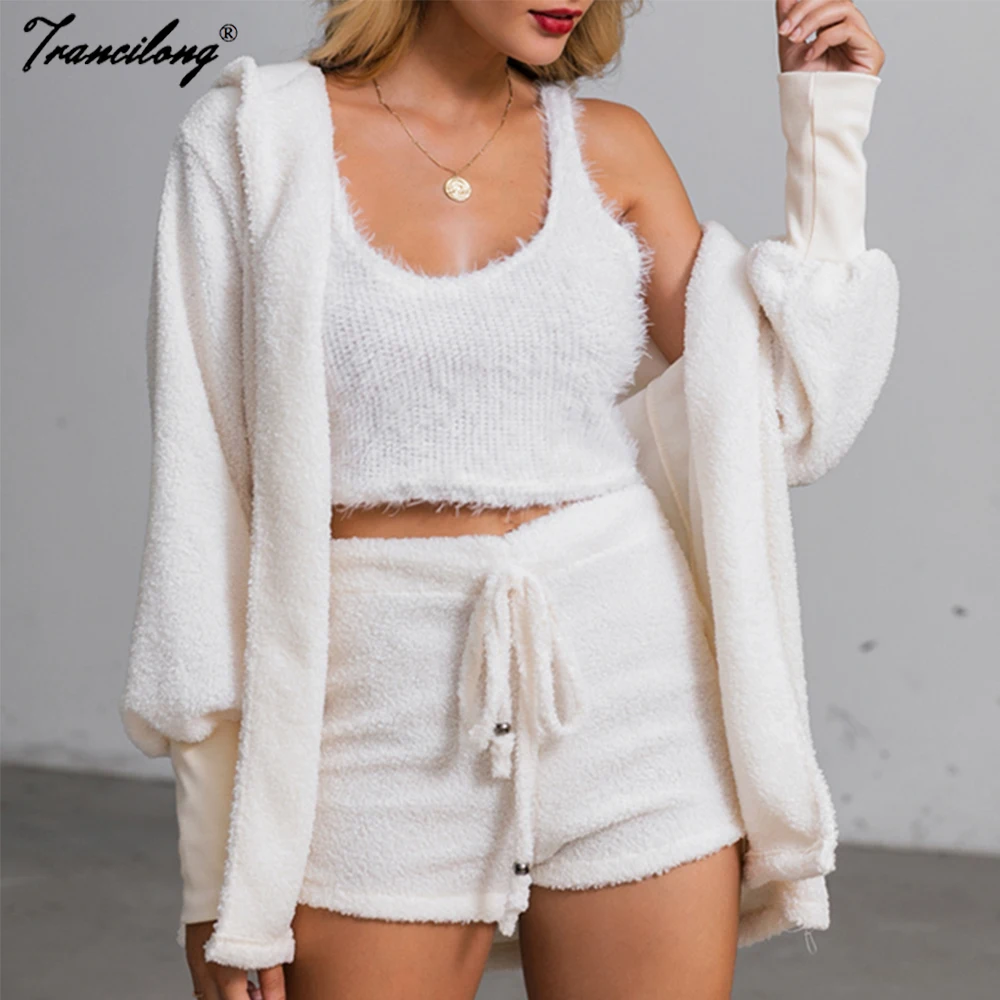 Autumn Velvet Three Piece Suit Outfits Sexy Women White Matching Set Crop Top And Shorts Lounge Home Wear Pijama Oversize Winter