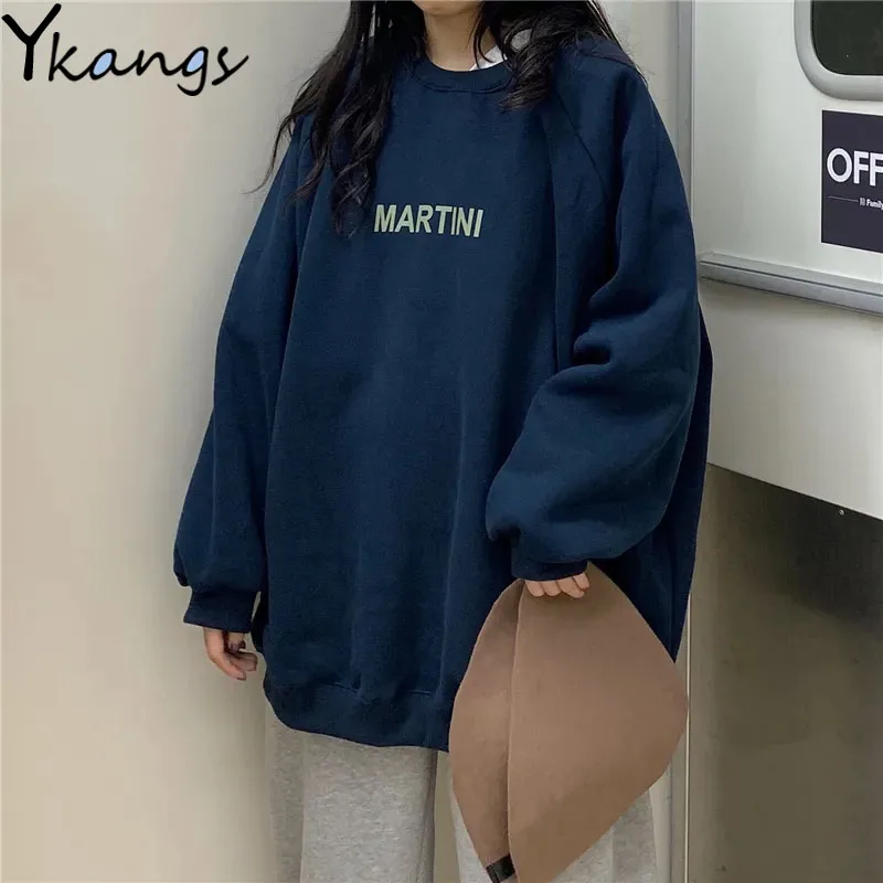 

Женский однотонный Свитшот Harajuku с круглым вырезом, модный Свободный Топ с длинным рукавом и принтом, спортивный топ для отдыха с бархатной п...