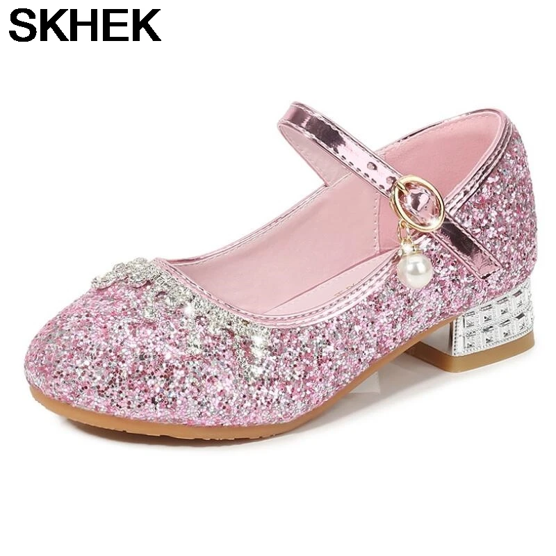 

SKHEK Kids Girls Shoes High Heeled Crystal Rhinestone With Sweet Princess Children Heels Shoes For Wedding Party Show Dancing