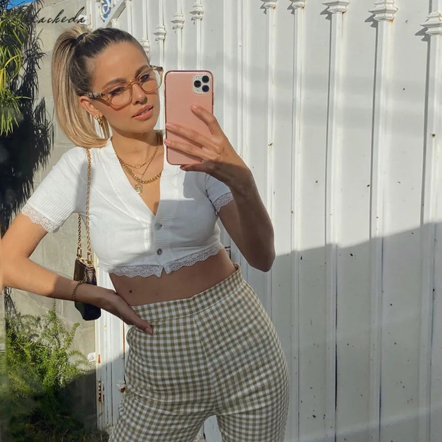 Женский трикотажный топ Macheda белый однотонный простой Кружевной укороченный