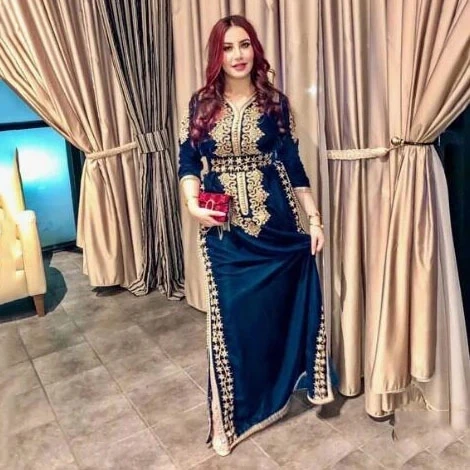

Blue Moroccan Kaftan Caftan Muslim Evening Dresses A-line V-neck 3/4 Sleeves Appliques Dubai Arabic Turkey Abaya Islamic Gown