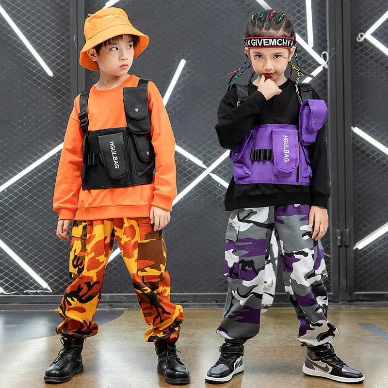 

Kid Hip Hop Clothing Sweatshirt Top Camo Tactical Cargo Pants For Girls Boys Jazz Dance Costume Performance Clothes Streetwear