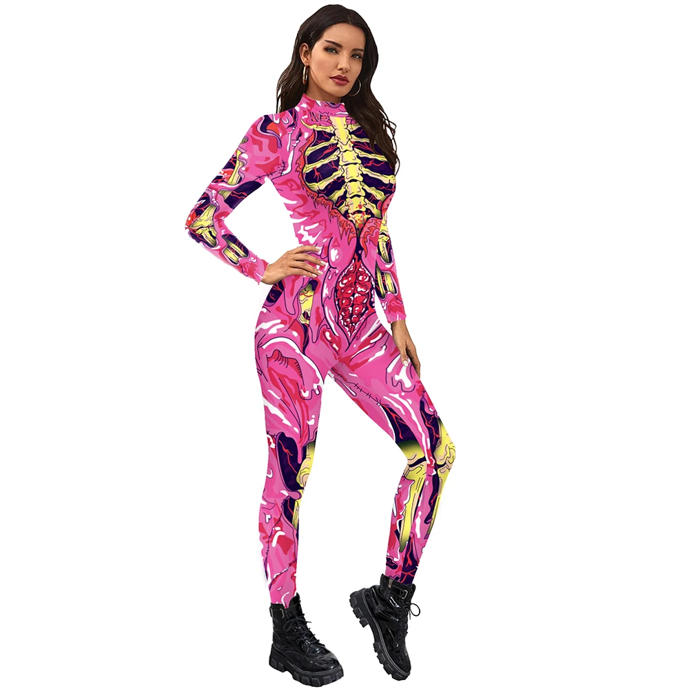 

[You're My Secret] Gothic Skeleton Printed Bodysuit Women Pink 3D Digital Printed Cosplay Catsuits Skinny Breathable Clubwear