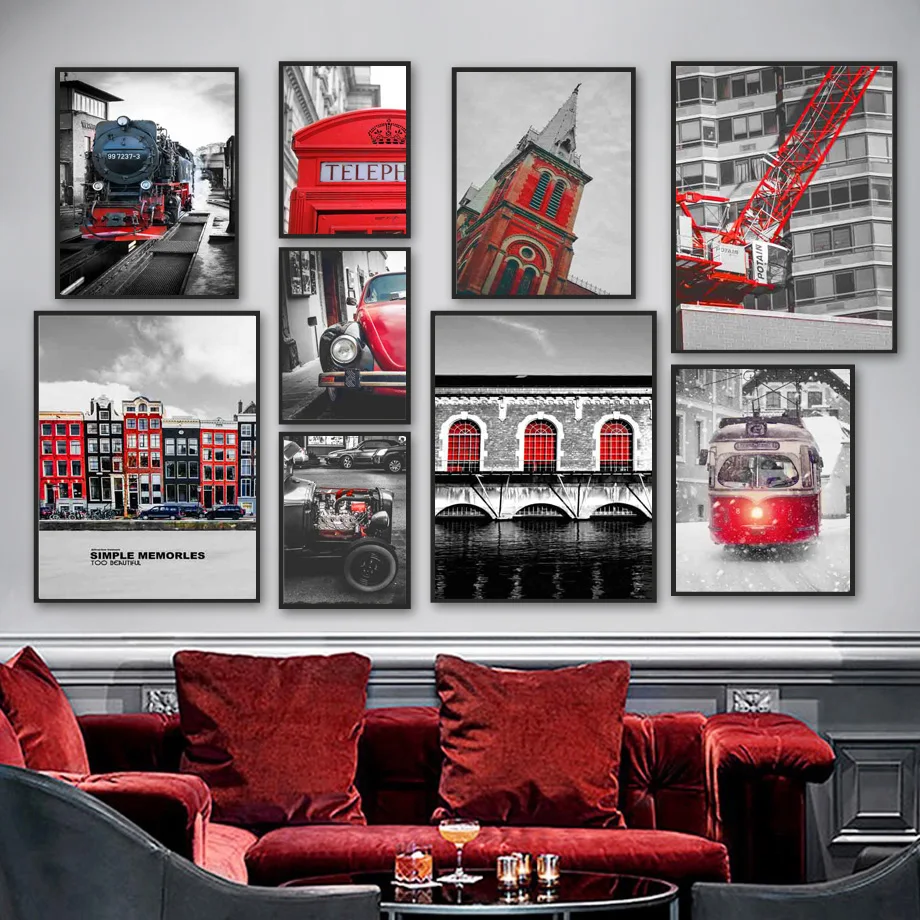 

Red Church House Street Car Train Retro Wall Art Canvas Painting Nordic Posters And Prints Wall Pictures For Living Room Decor