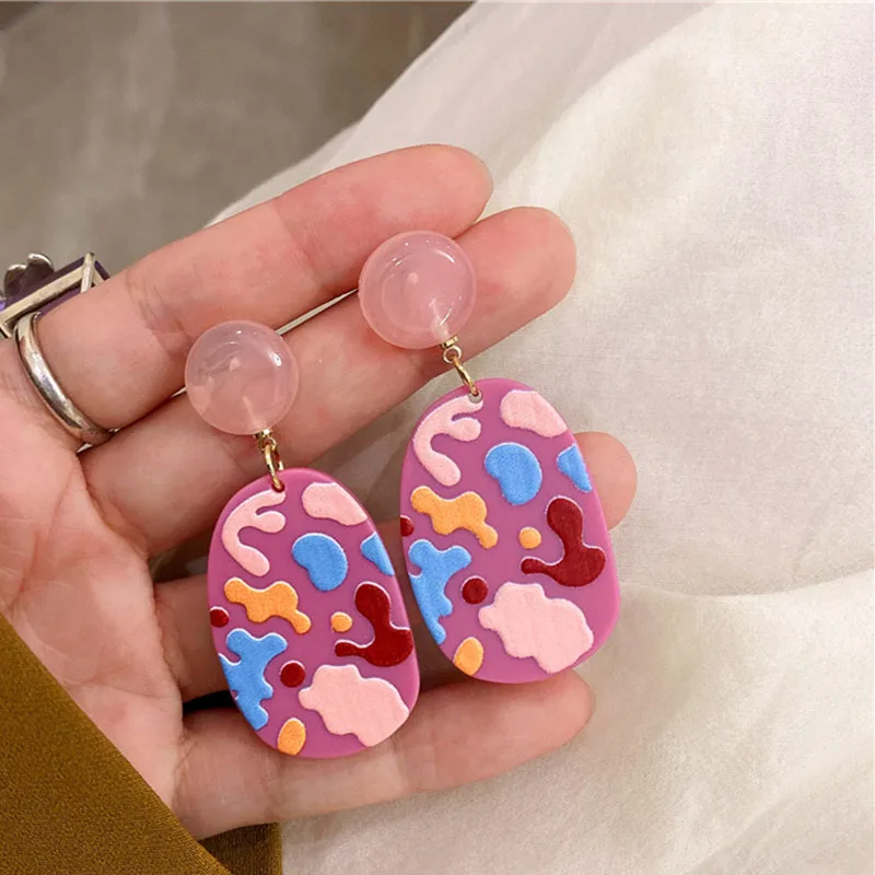 

Geometric Color Purple Camouflage Dangle Acrylic Printed Flower Earring Women Girl