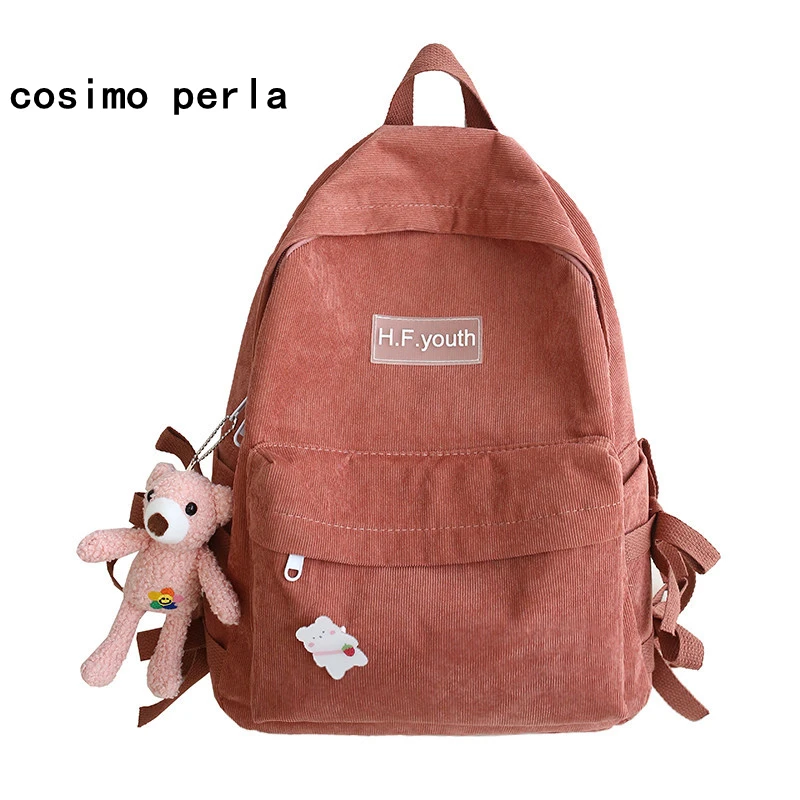 

Fashion Women Corduroy Backpacks Cute Bow Korean College Students Solid Color PC Schoolbag INS Pendant Harajuku Big Travel Bag