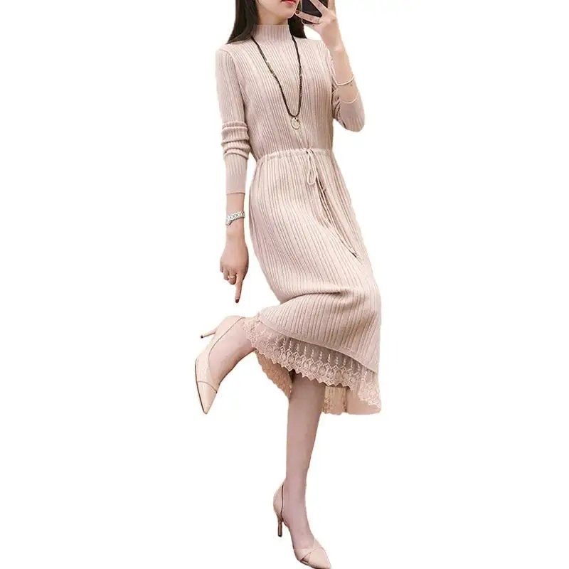 

Women Autumn Winter Sweater Dress Turtleneck Knitted A-line Patchwork Lace Dresses Solid Color Long Sleeve Lady Midi Dresses
