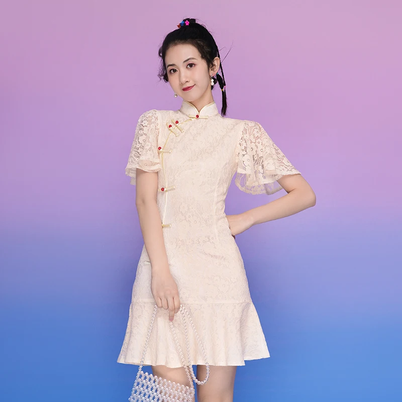 

Modified version of French girl cheongsam Chinese wind daily to wear lace dress young sweet temperament