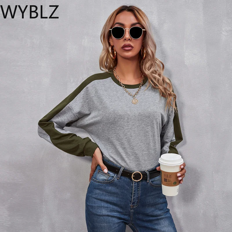 

WYBLZ Woman Tshirts Color Matching Casual Loose Fashion Tops Streetwear All Match O Neck Straight Sleeve Design Femme T-shirts