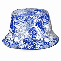 mesopotamian blue tropical bird butterflies pine and pomegranates inspired by ancient pottery women men fisherman hats