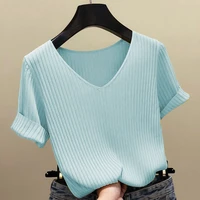 ice silk v neck solid color knitted sweater female short sleeved rib was thin slim decorative jumpers pullover women spring