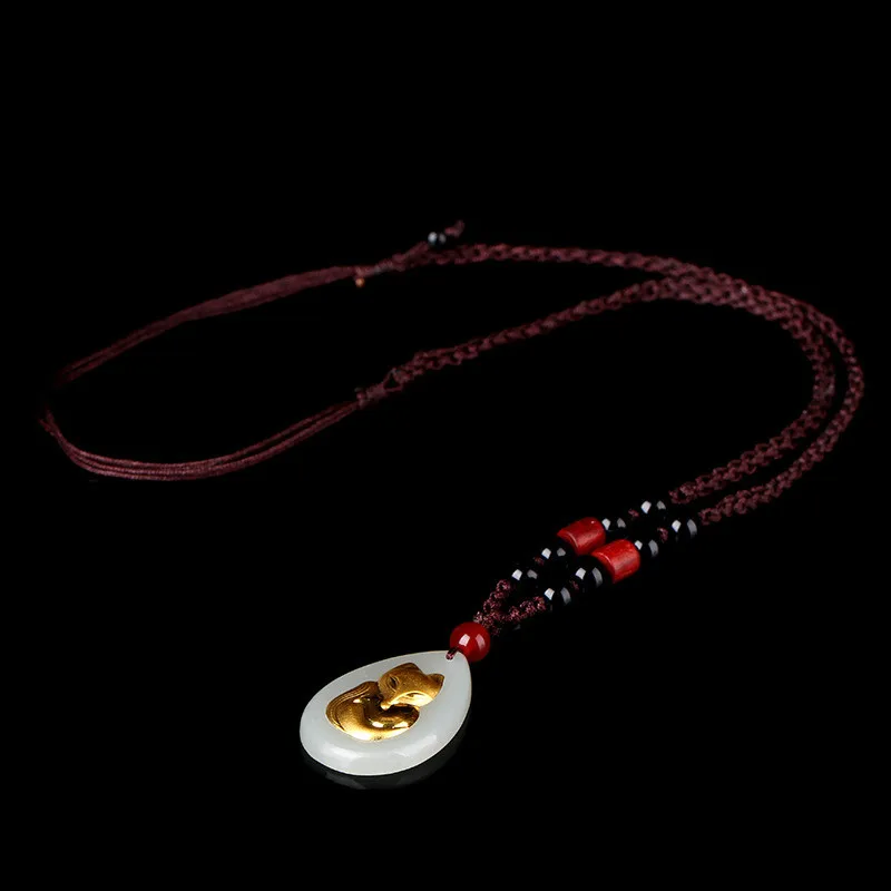 Натуральный китайский белый нефритовый мозаика Золотая подвеска лиса красивые