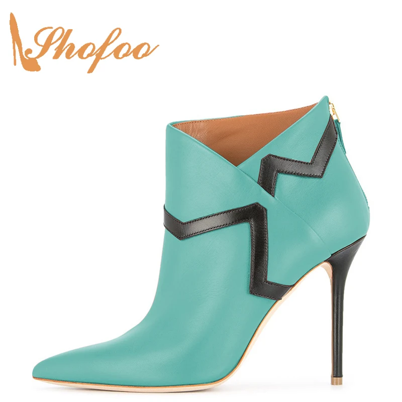 

Green Short Ankle Boots Stiletto High Heeled Shoes For Womens Pointed Toe Stitched Big Size 45 44 Vegan Leather Autumn Young