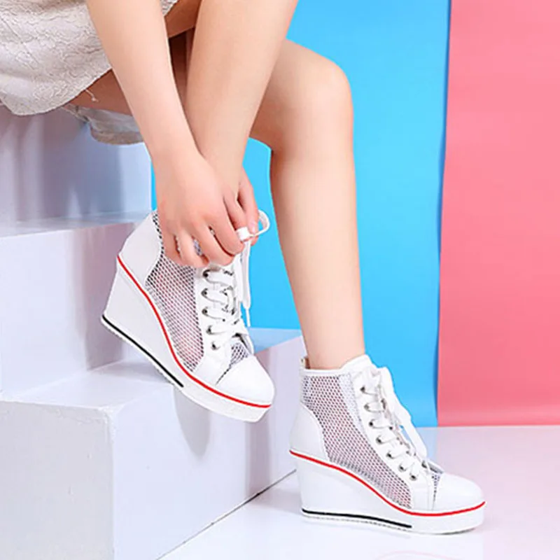Женские сетчатые сандалии на танкетке 8 см повседневные кроссовки с высоким