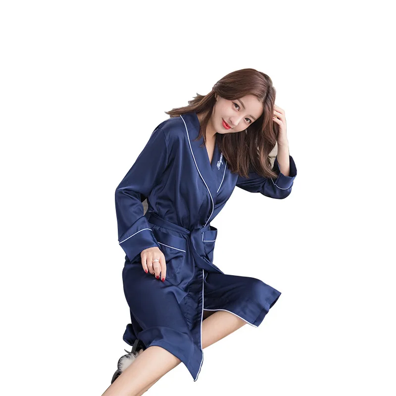 

Kimono Robe Navy Blue Women Sleepwear Sexy Satin Nightwear Intimate Lingerie Summer New Long Sleeve Casual Bathrobe Gown