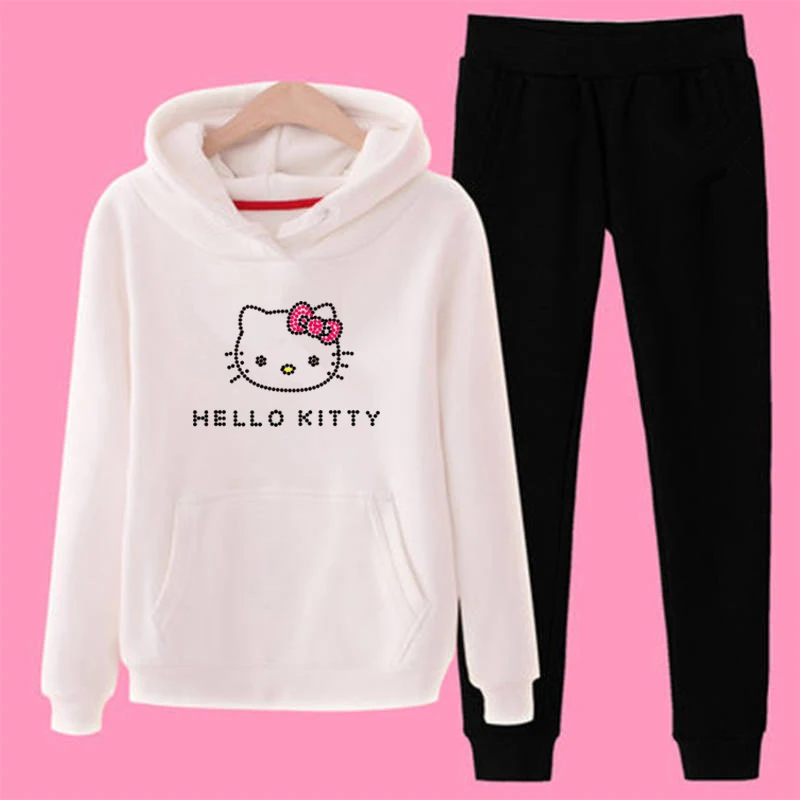 T11 3xl плюс размер hello-kitty зимние женские 2 шт с длинным рукавом флисовые толстовки с капюшоном комплект пуловер костюм спортивные костюмы одежда