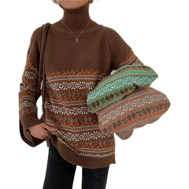

Will ~ qiu dong the high-necked MianYangRongShan female loose turtleneck sweater wool jacquard sweater restoring ancient ways