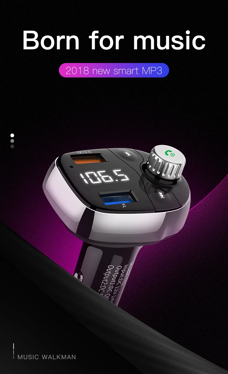 

Car FM transmitter wireless handfree audio receiver car mp3 player with dual USB and one TF slot.