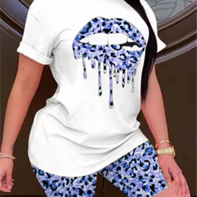 

Plus Size 5XL Two Piece Set for Women Tracksuit Lips Short Sleeve Top Leopard Shorts Sweat Suit 2 Piece Outfits Matching Sets