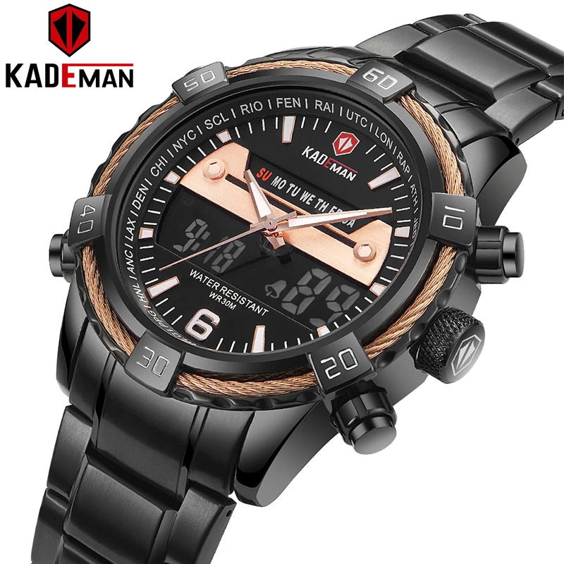 KADEMAN Брендовые Часы для мужчин электронные с двойным дисплеем из нержавеющей
