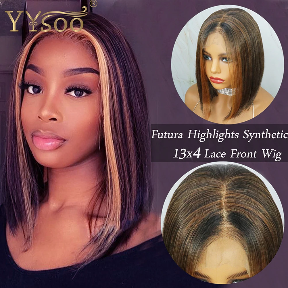 YYsoo Short Black Highlights #27 Futura Synthetic Hair 13x4 Glueless Lace Front Wig For Women Silky Straight Bob Wig 4inch Part