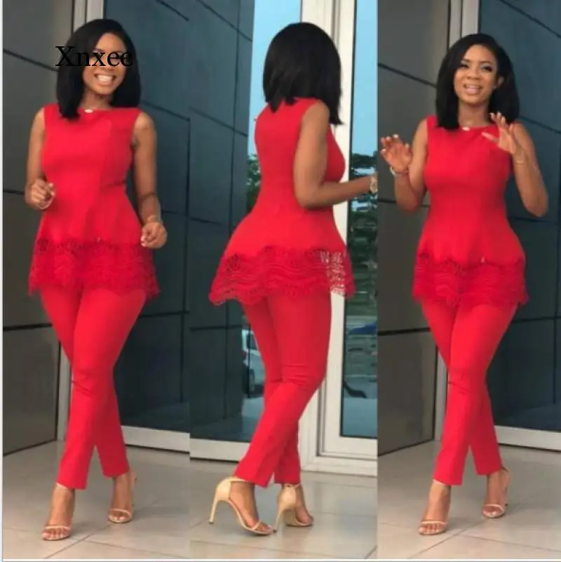 

2Pcs Summer Tracksuit Ol Work Women Set Lace Top and Long Pants Lady Outfit Fashion Sexy Two Pieces Suits Casual Party Overalls