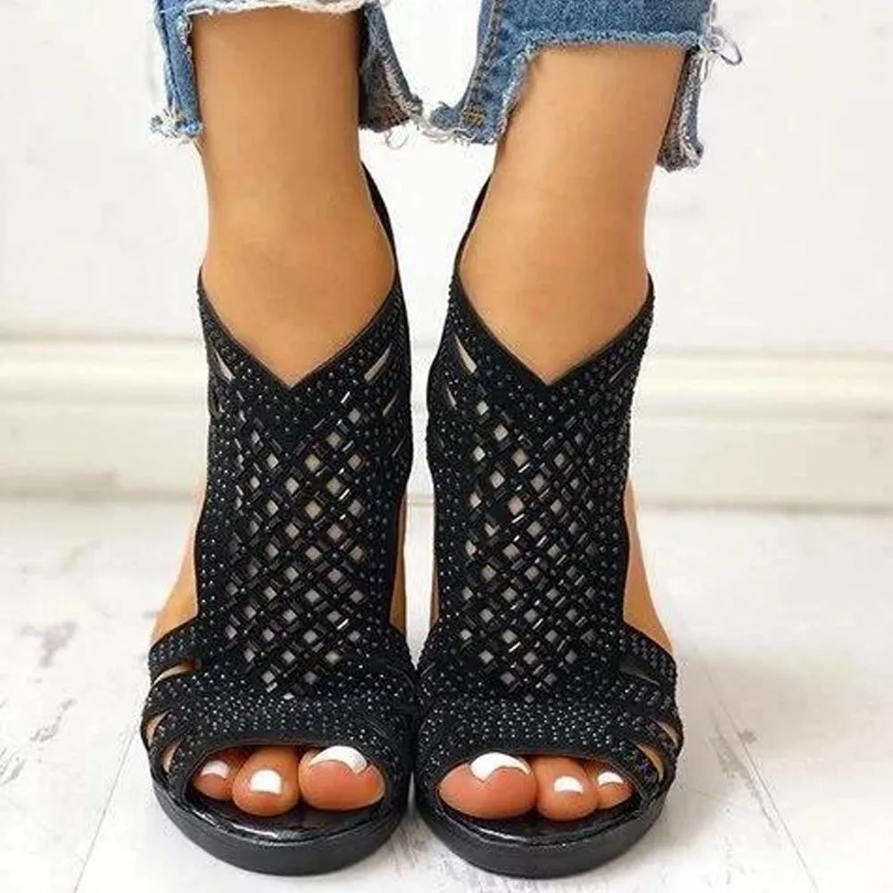 

High Quality New Fashion Cool On Sale Shoes Women Vintage Gladiator Chunky Heels Zipper Black Summer Big Size 35-40 Footwear