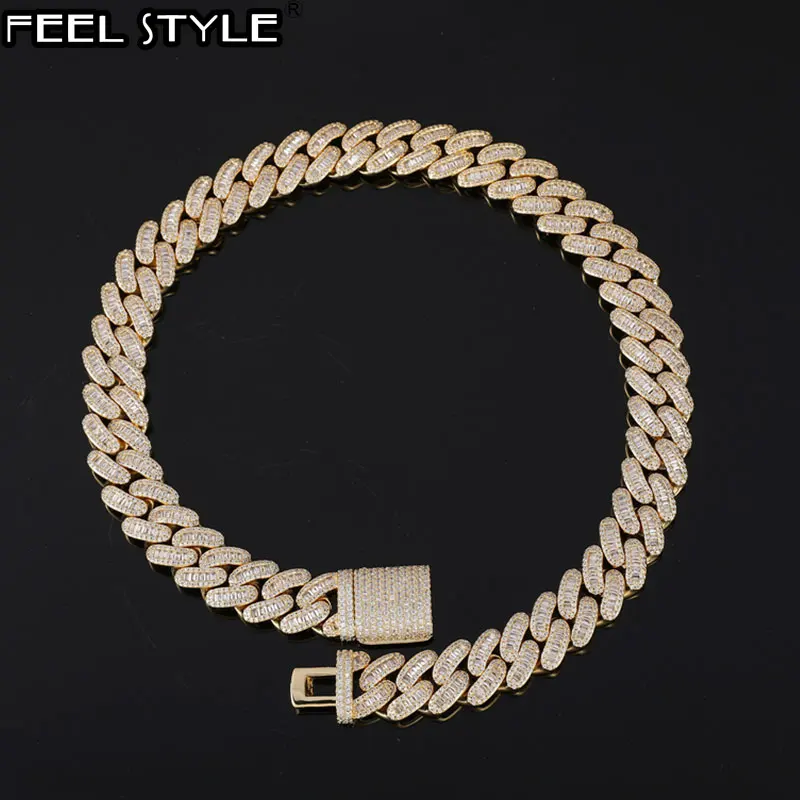 

Hip Hop 17MM Baguette Iced Out Cuban Heavy Copper Prong AAA+ Cubic Zirconia Stones Bracelet Necklace For Men Women Jewelry