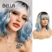 bella bob wig short synthetic wig 12inch omber blue hair curly bob wig heat resistant wig with bangs cosplay wig for black women
