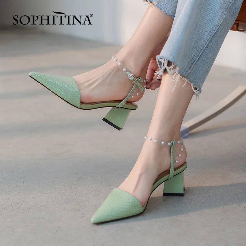 

SOPHITINA Pearl Women Shoes Concise Solid Color Ankle Straps Pointed Shallow Mouth Shoes Cow Leather Female Sandals Summer AO613