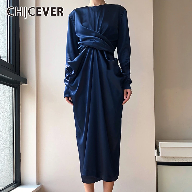 CHICEVER, винтажное женское платье с О-образным вырезом, длинным рукавом, высокой талией, плиссированные трапециевидные женские платья, модная новая одежда, осень