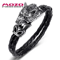 2020 men jewelry black genuine leather bracelet stainless steel punk ferocious wolf charm bangles women gift